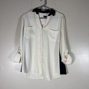 Talbots top womens Xl petite long sleeve blouse Cream With Black Trim Sheer